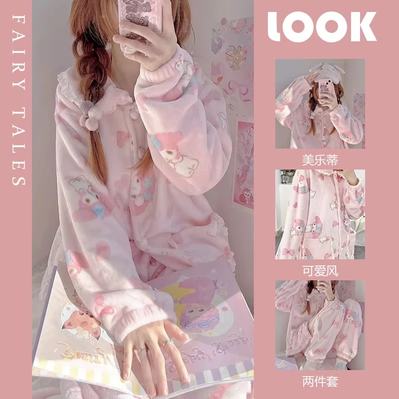 

Anime Melody Coral Velvet Pajamas Girls Cute Tops Pants Plus Velvet Thickened Autumn Winter Home Clothing Casual Suit Hot Kawaii