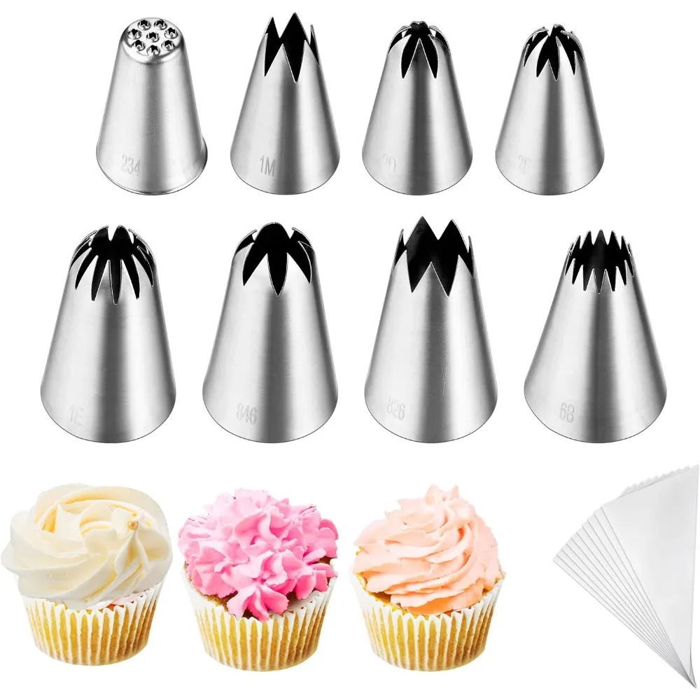 

8Pcs Large Piping Tips Set,Stainless Steel Icing Tips with 10 Disposable Pastry Bags for Cake Decorating