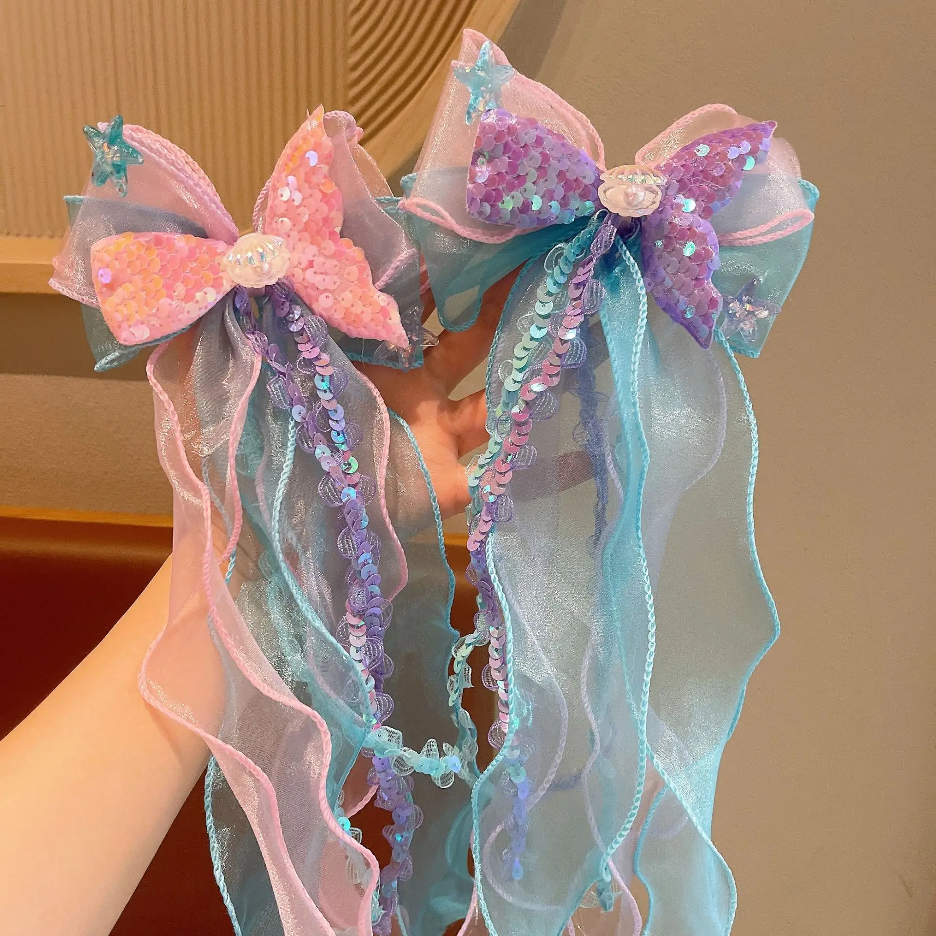 1 Paar verträumte Meerjungfrau-Feen-Haarspange mit Schleifenriemen, Feen-Air-Mesh-Seitenclip, Kinder-Prinzessin-Haarschmuck, Alltags-/Party-Stil – Detail 4
