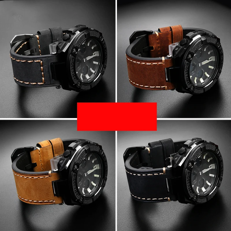 26mm Sport Vintage Leather Watchband For Casio G-SHOCK GST-B100 / W300/400 S110/S120/ W130L Series Concave port Men’s Watch