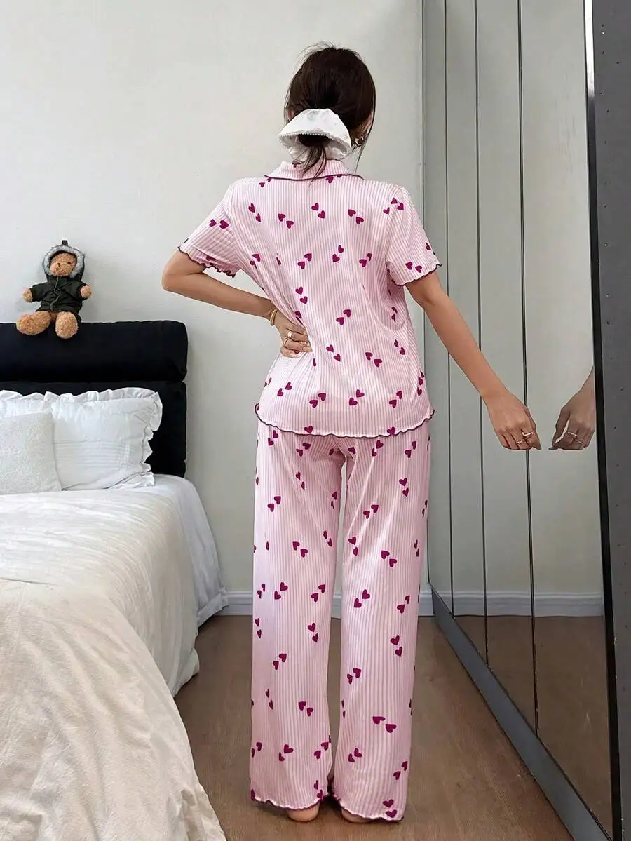 

Pink Striped Heart Print Casual Pajama Set For Women