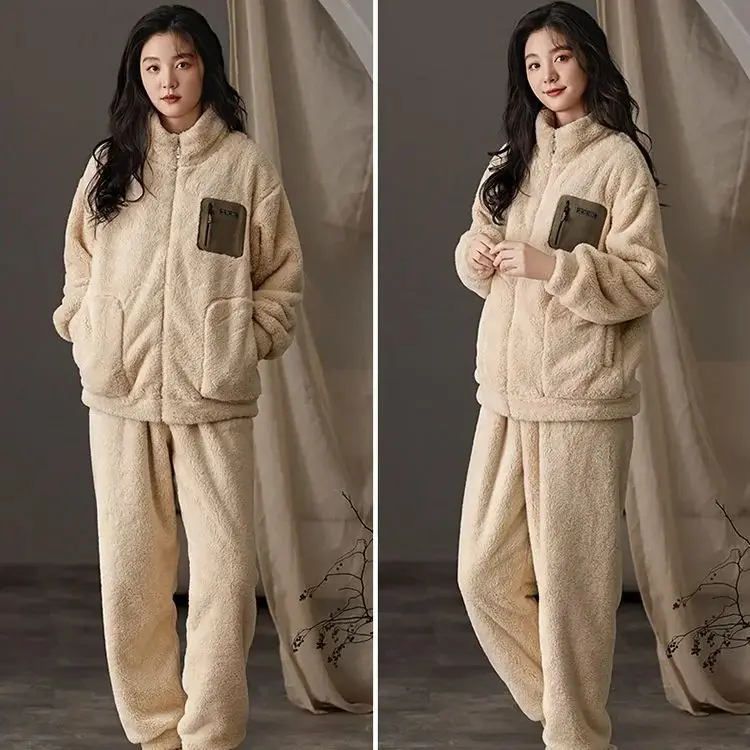 Coral Velvet Couple Pajamas Winter Thickened Warm Flannel Winter Homewear Suit Pocket Zipper Loose