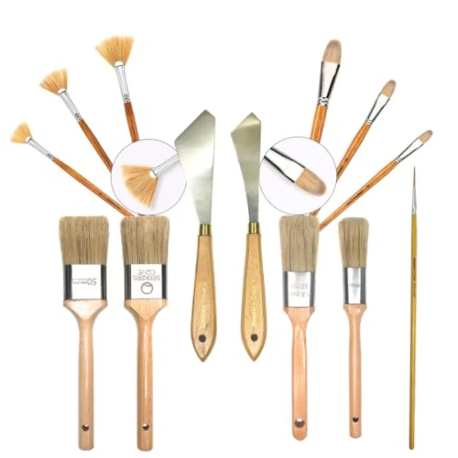 

Pro Landscape Brush Set - 13 Piece Artist Paintbrush Kit - Oil and Acrylic Brushes and Tools - 2 1.5 1 Inch Pallet Knives Fan F