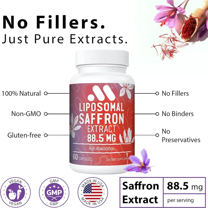 

Liposome saffron supplement -100% pure saffron extract 88.5 milligrams, better bioavailability -60 vegetarian capsules