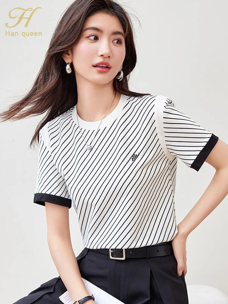 H Han Queen Summer Female Clothing Simple Office T-Shirt Short Sleeve Tops Casual Korean Style Vintage Stripes Loose Tee Women