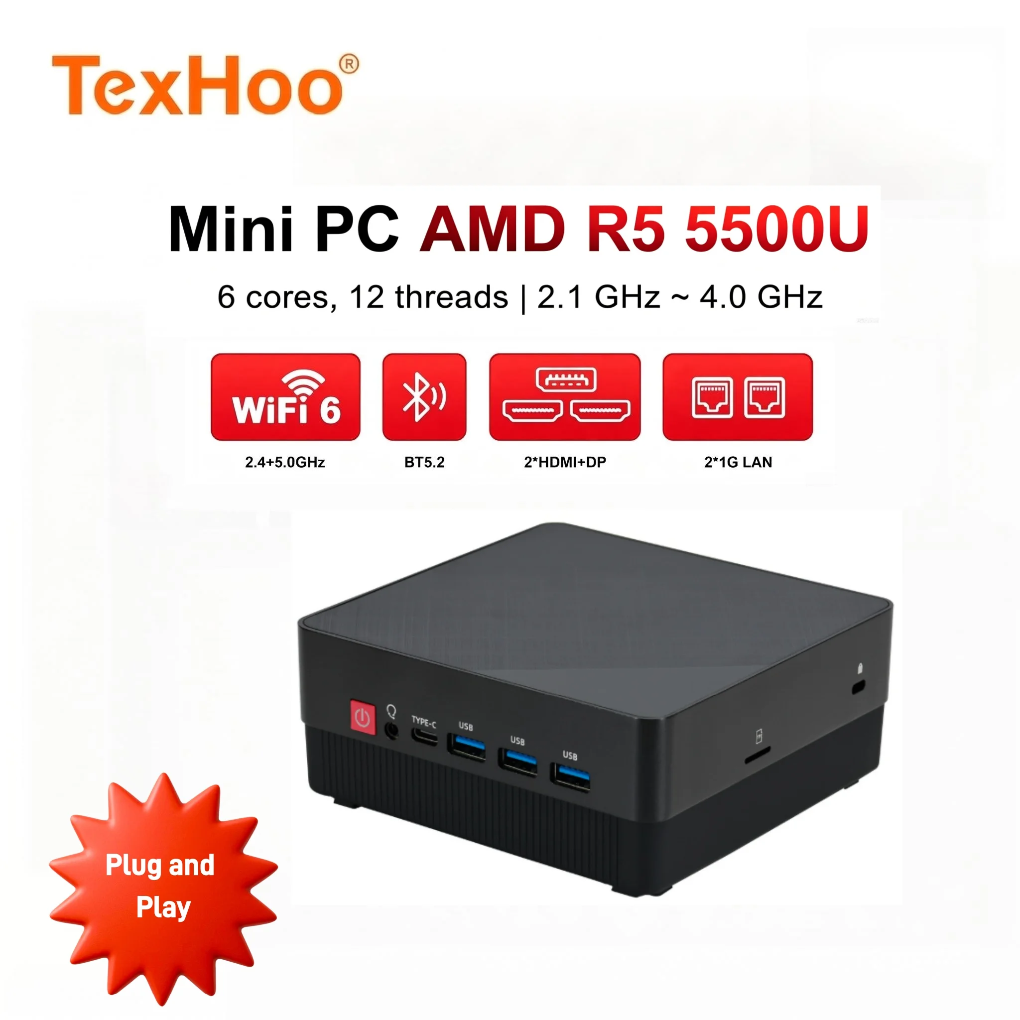 TexHoo AMD Ryzen 5 5500U Mini PC Dual Gigabit LAN Firewall Router Mini Desktop Computer M.2 2280 NVMe DDR4 DP HDMI*2 Win11 WIFI6