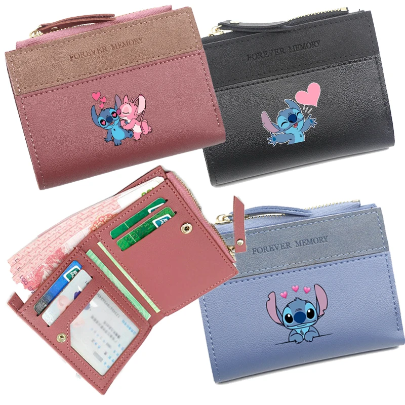 Disney-Mini Cartera de Anime Stitch para mujer, monedero de cuero PU, tarjetero multifuncional, Lilo y Stitch