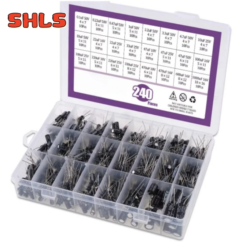 240PCS Assorted Electrolytic Capacitors Set 0.1uF–220uF 24Values 10V–50V DIY Electronics Repair Kit Mixed Pack