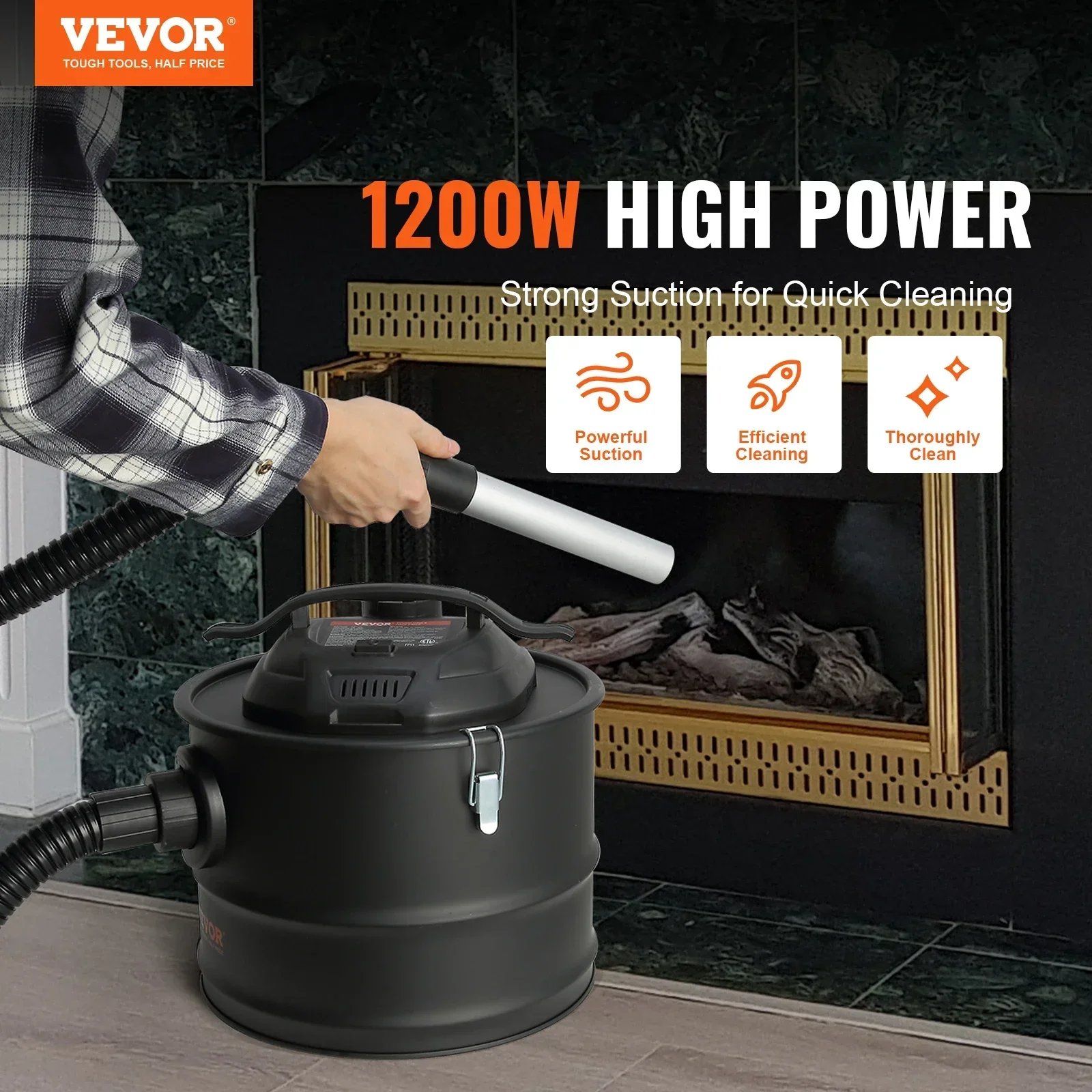 VEVOR Ash Vacuum Cleaner  Powerful Suction Ash Vac Collector with 47.2 in Flexible Hose for Fireplaces Grills