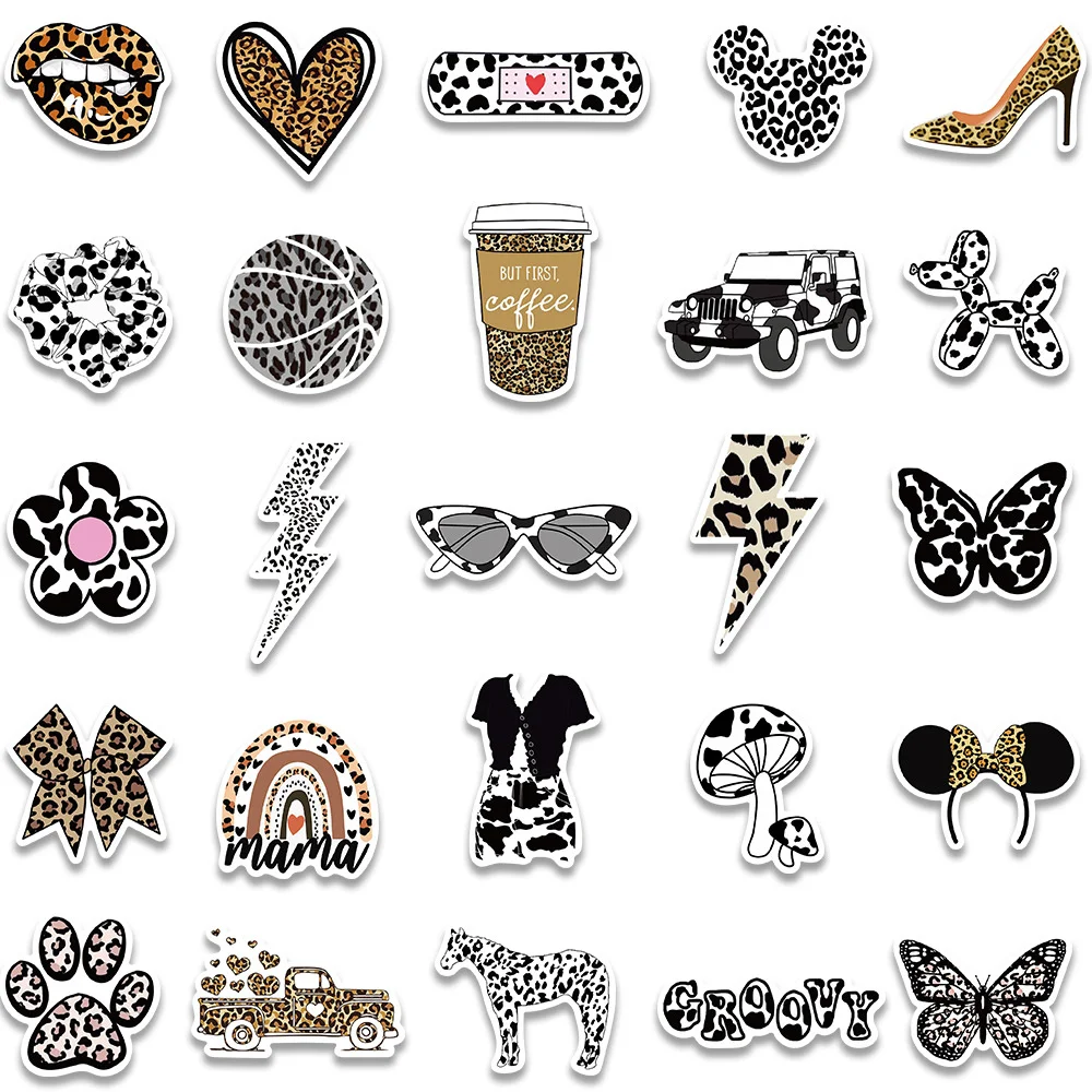 50pcs Cow Leopard Print Stickers Pack Ipad Laptop Phone Stationery Guitar Sticker DIY Journal Accessories Scrapbooking Supplies