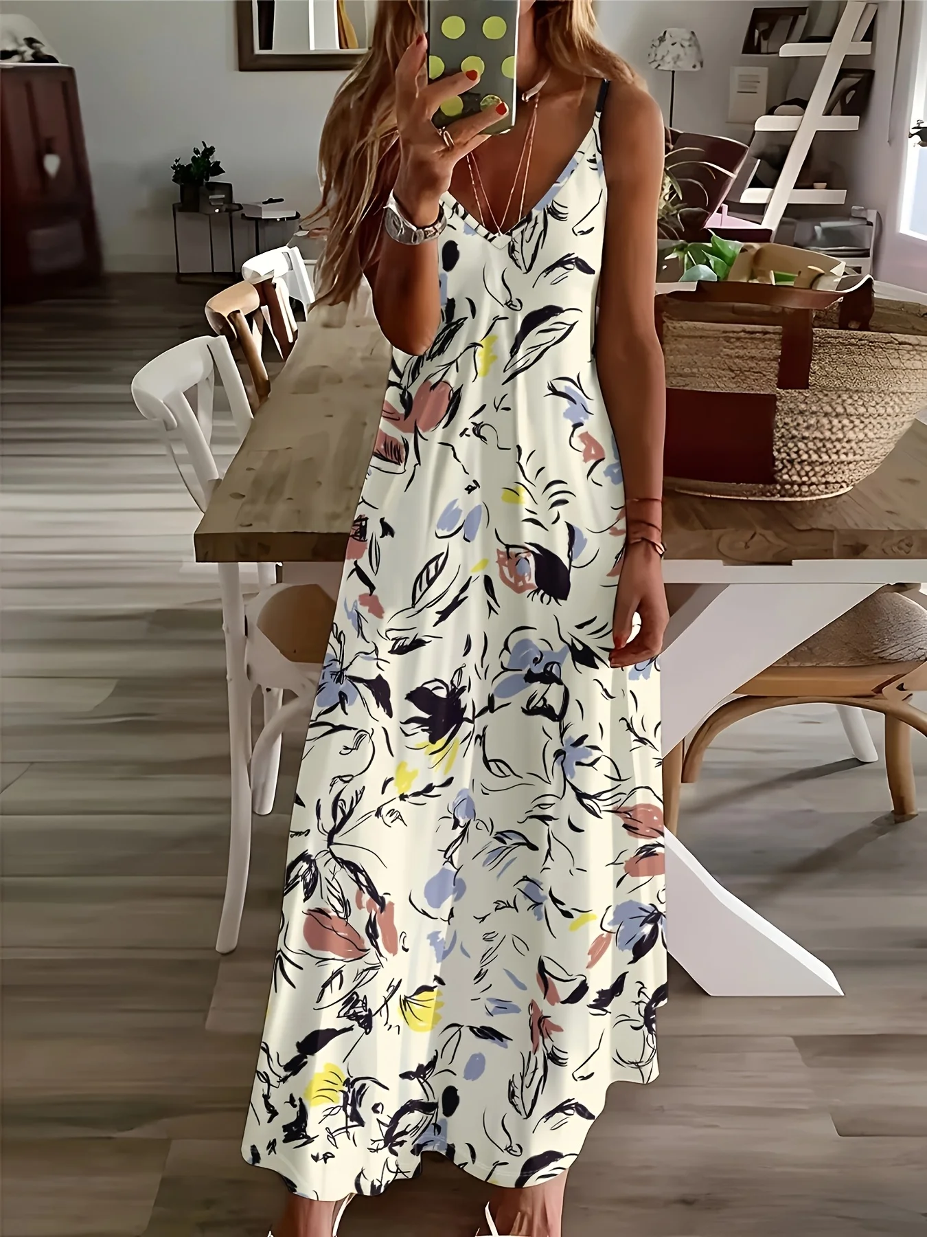 Printed Design Casual Style Floral Pattern with Birds and Leaves Ladies' Dress