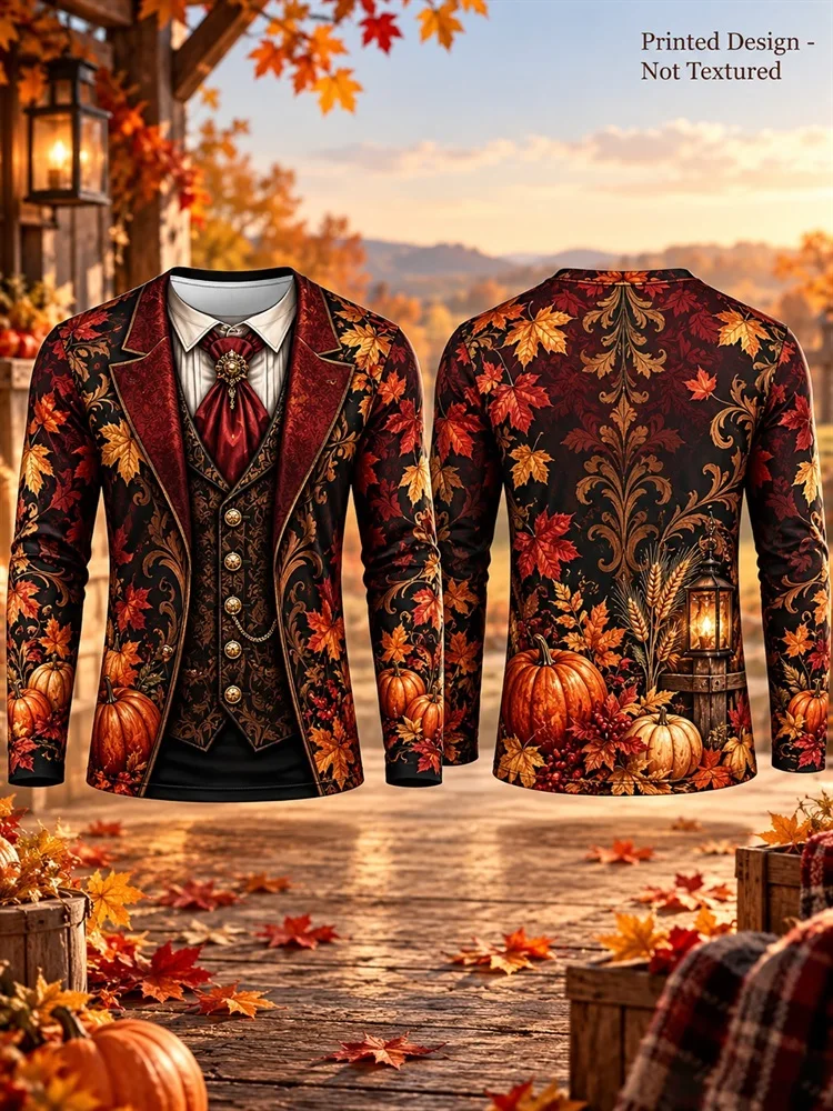 Men's Thanksgiving Autumn Maple Leaf Pumpkin Lantern Suit Vest Tie Graphic Long Sleeve T-Shirt Pullover Tops Gift New Fall