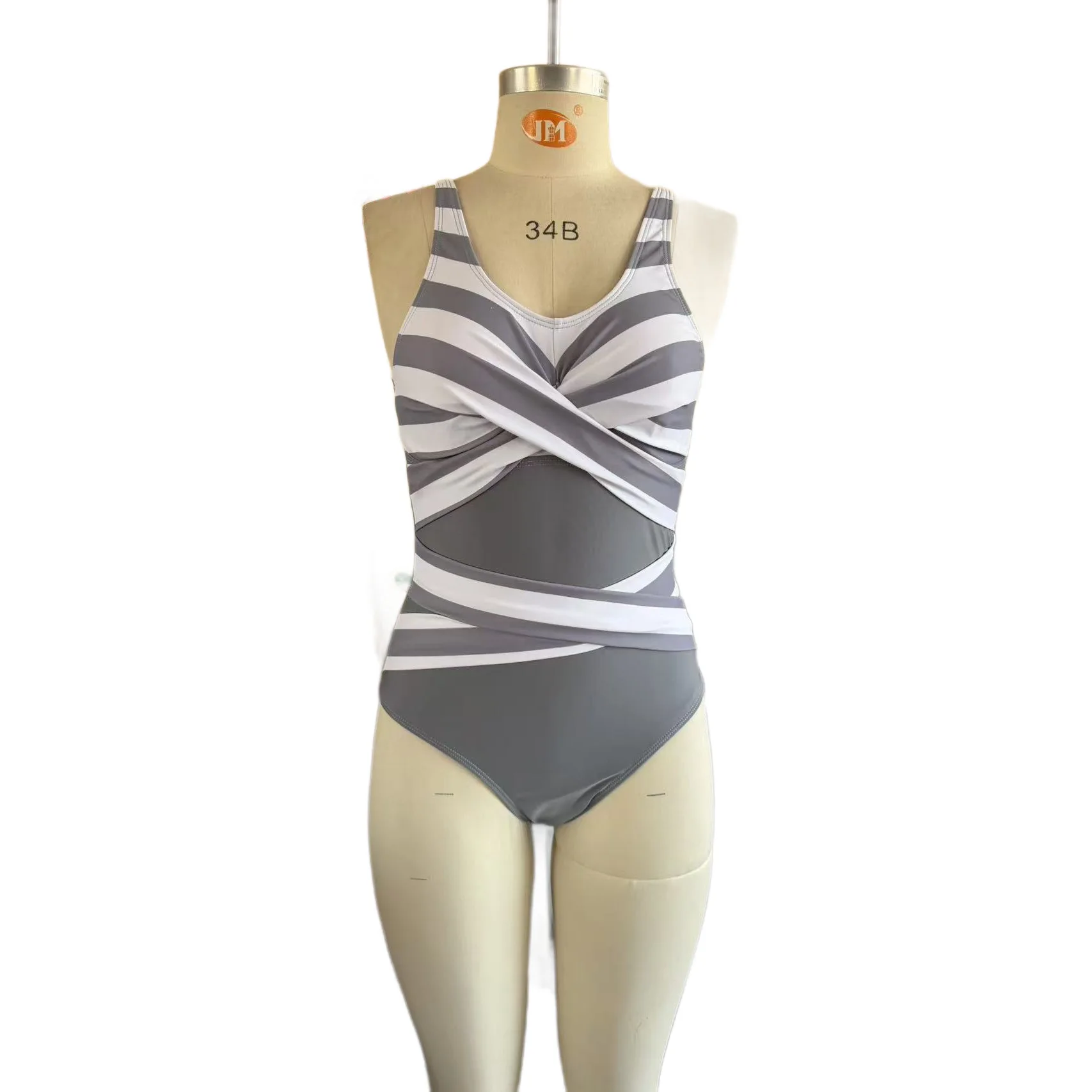 Women One Piece Swimsuit Black White Striped V Neck Wrap Front Bathing Suit Sleeveless Tummy Control High Cut Swimwear for Beach