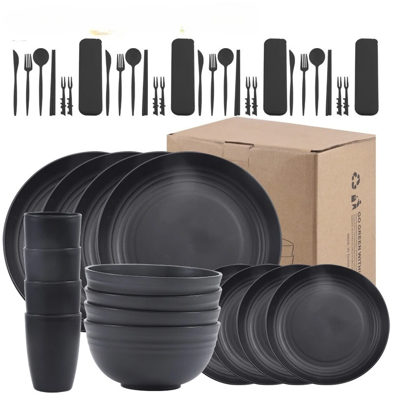 

16PCS 20PCS black wheat straw PP plate, dishes and cups, household dinner plates, soup bowls and cups, tableware sets