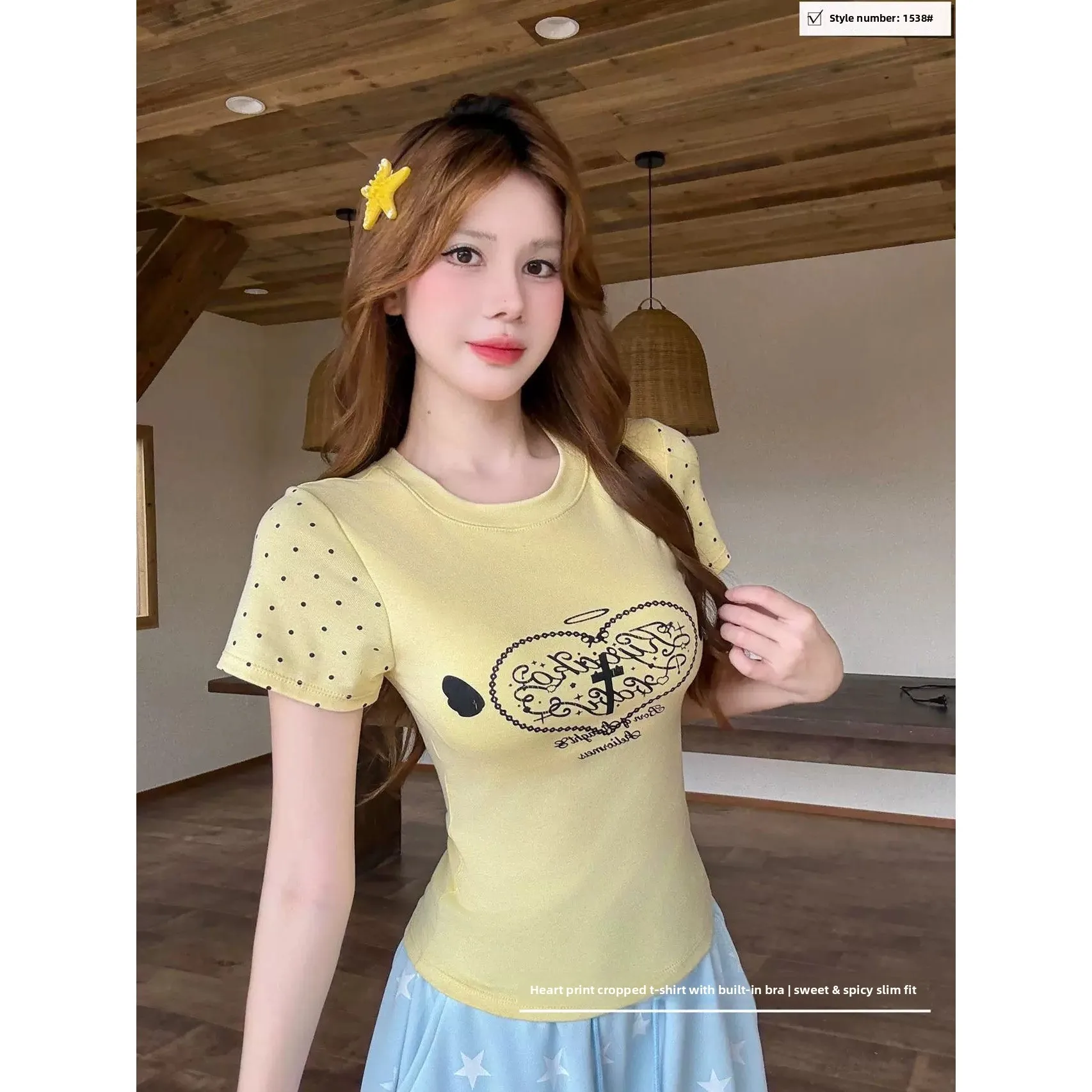 Sweet Style Short T-Shirt Self Slim Fit Polka Dot Sleeve Heart Print Design Women's Fashion Sweet Cool Sexy Design Top