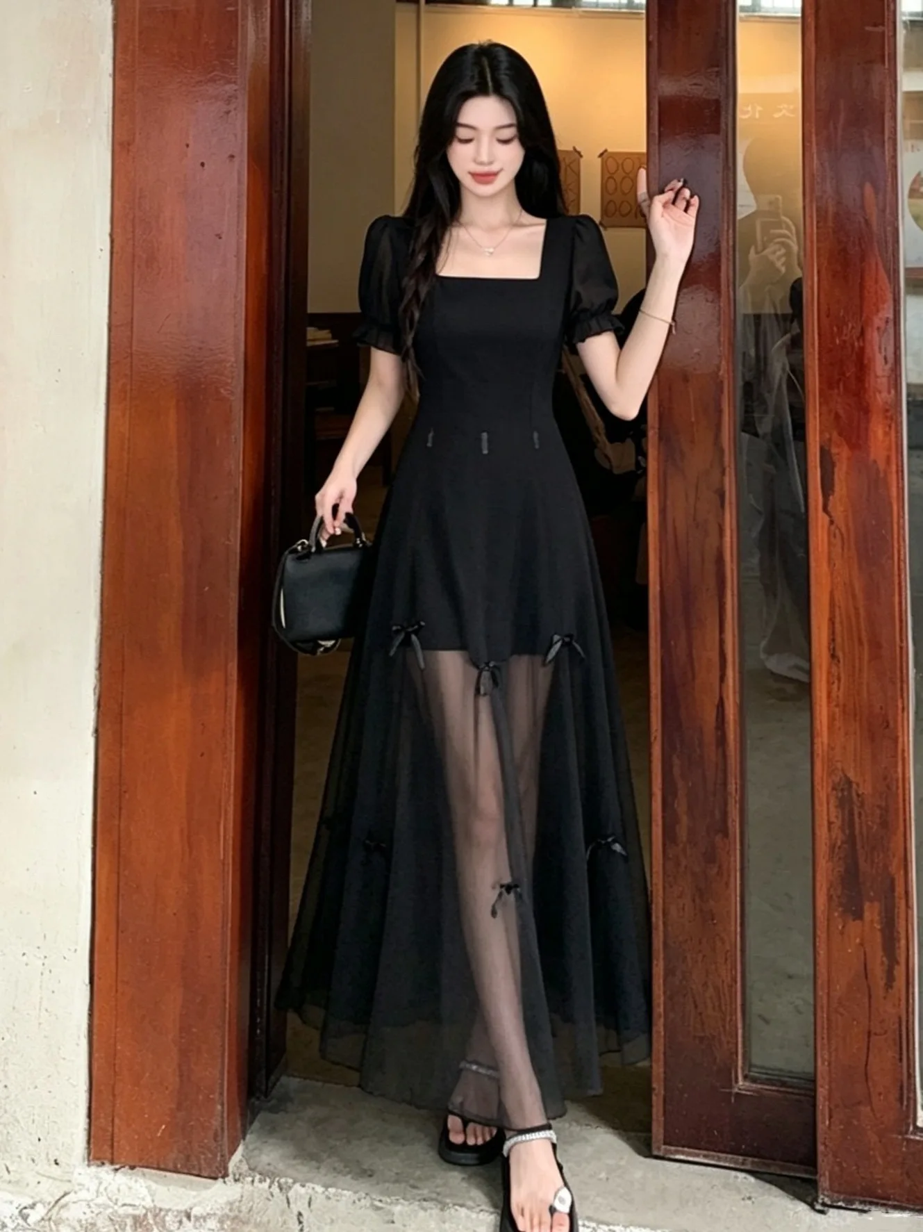 plus Size Women's Design Sensation Dress Summer  Knot Square Collar Slimming Gentle Vintage A-Line Little Black Dress