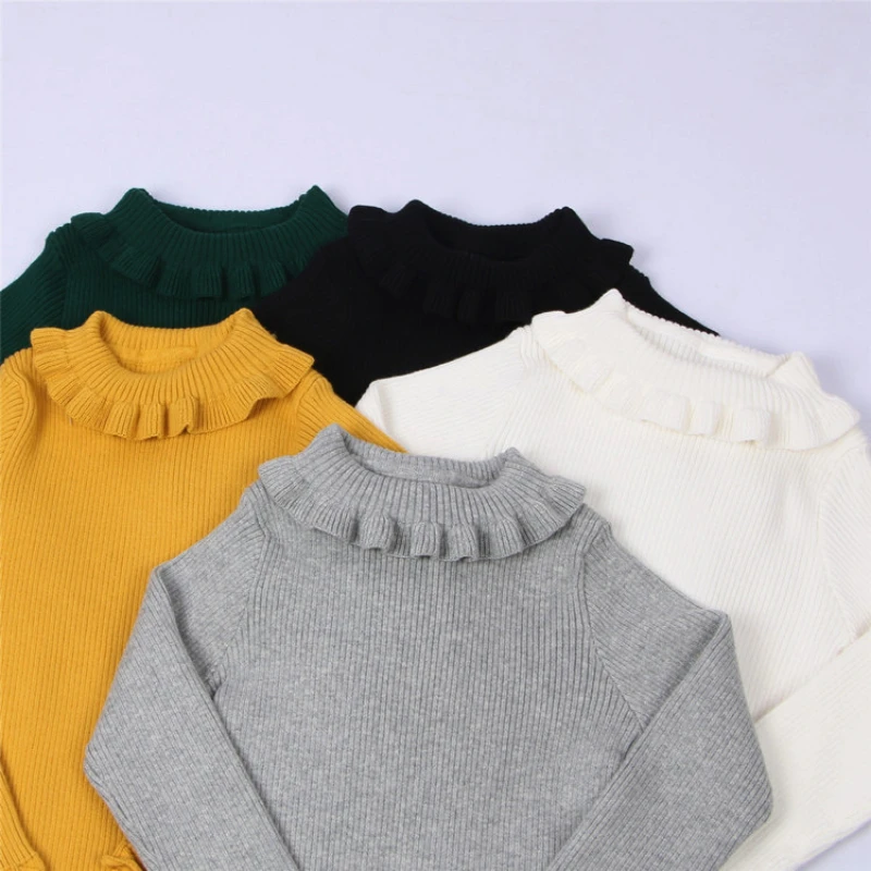 Kids Girls Ruffle Sweaters 2024 New Children Knitted Pullovers White Gray Turtleneck Tops Autumn Winter Thin Cotton Undershirts