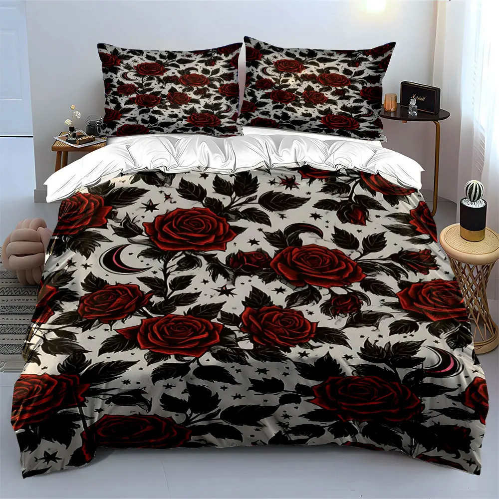 Red Roses Black Leaves Moon Pattern Print Bedding Set 1 Duvet Cover 2 Pillowcases for Adult and Children Luxury Gift Full Size