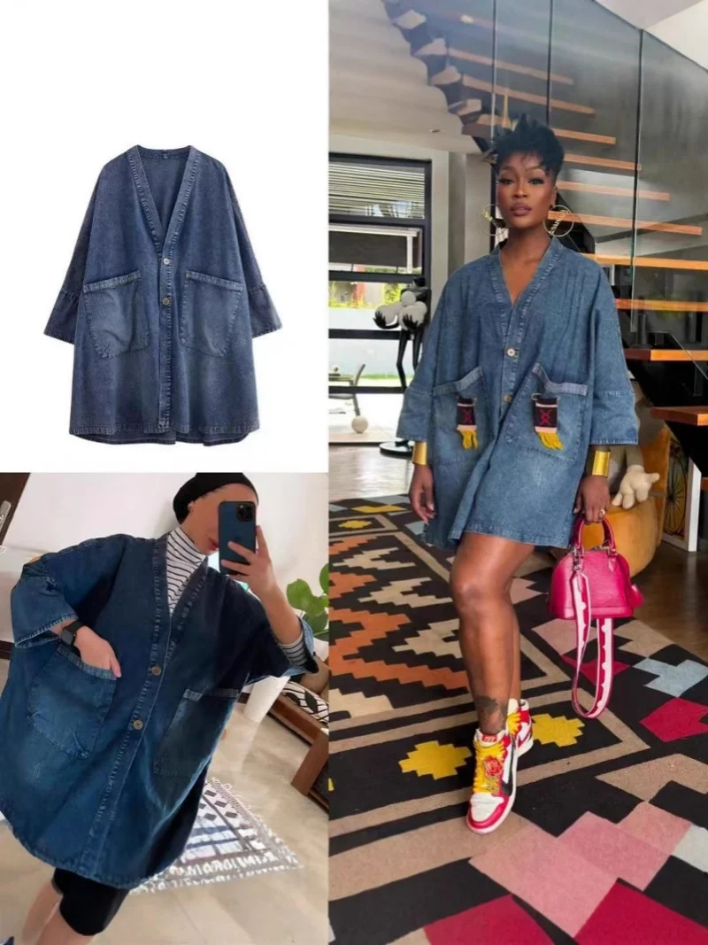 

Women's Loose Retro V-Neck Cardigan Denim Jacket with Pocket Long Sleeved Dress Casual Vintage-inspired Clothing