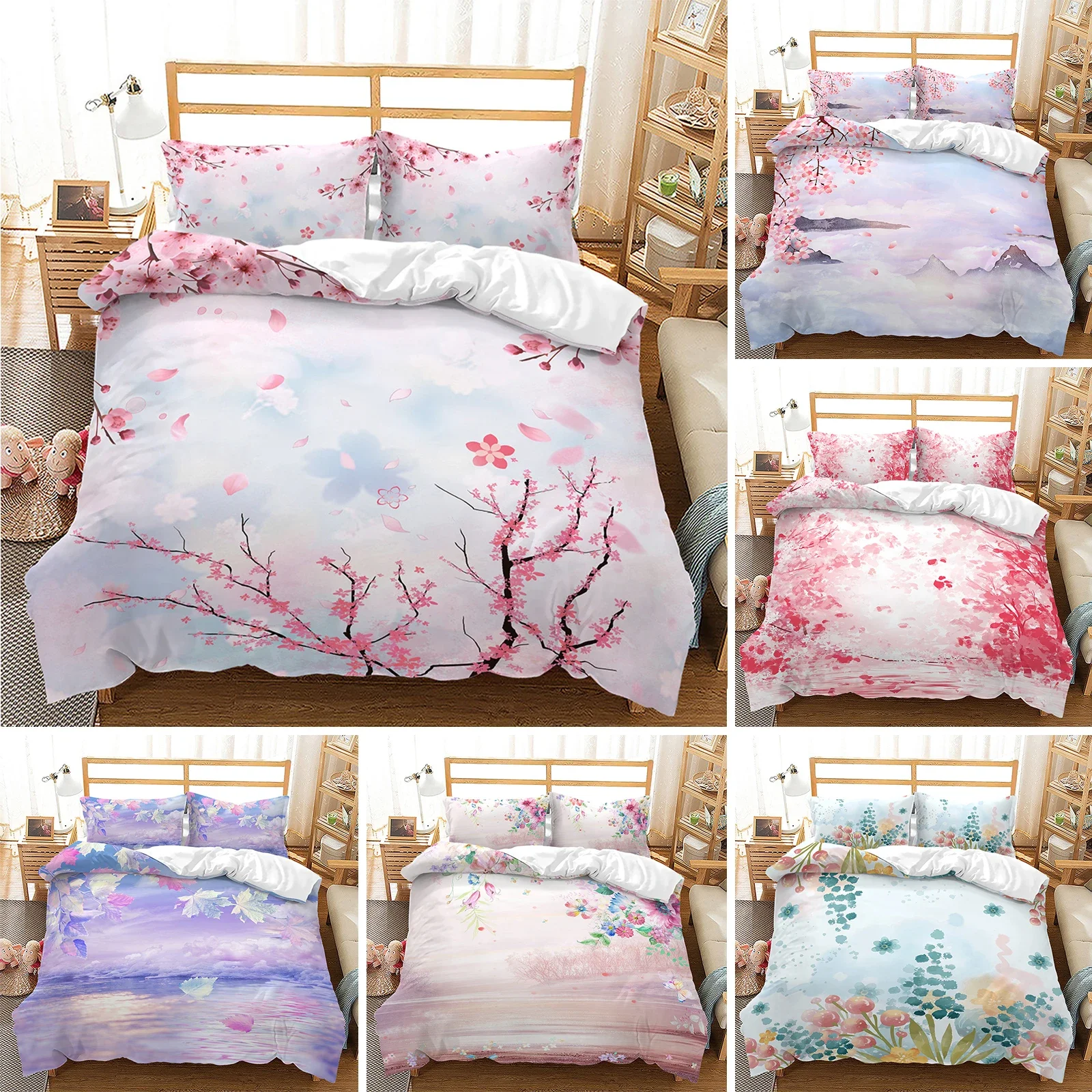 

Spring Flowers King Queen Duvet Cover Pink Sakura Bedding Set Girls Cherry Blossoms Quilt Cover Floral Polyester Comforter Cover