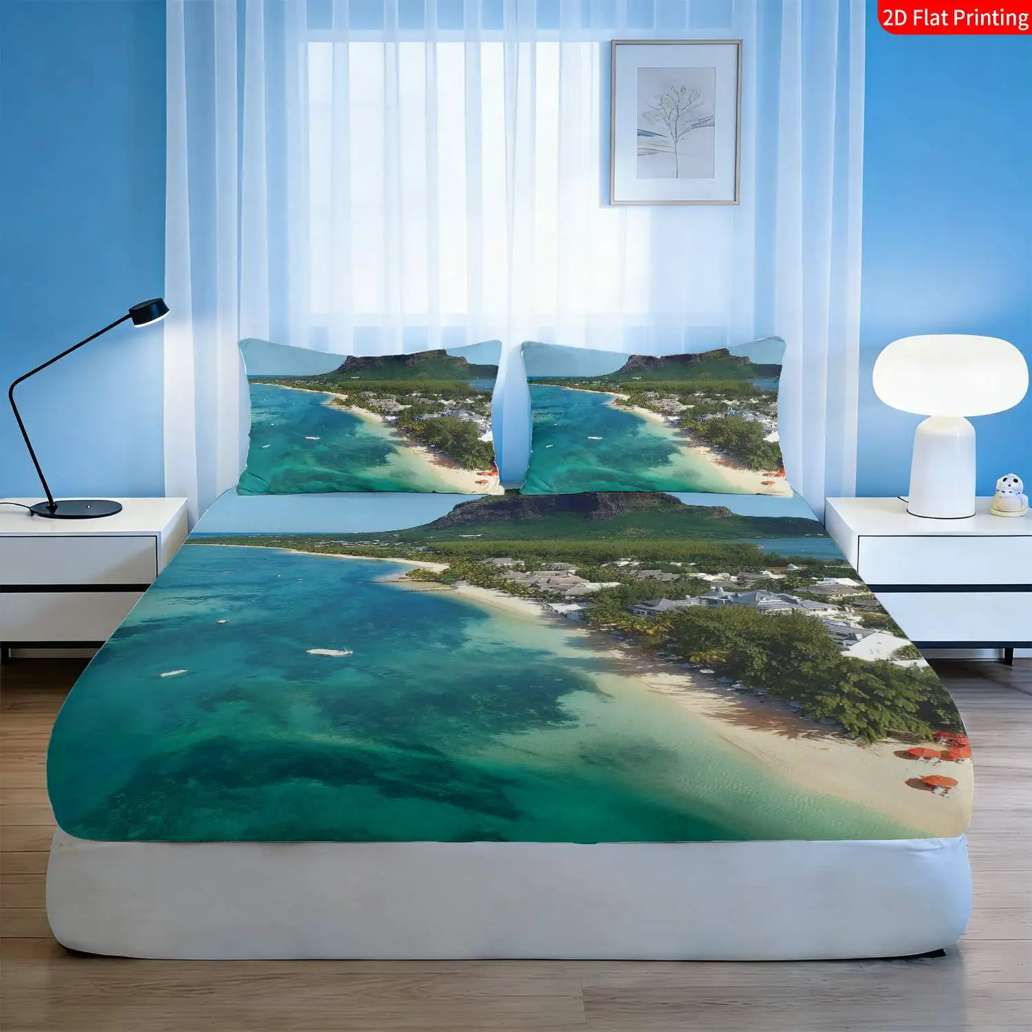 Three-Piece Set of 2D Digital Printed Bed Sheet and Pillowcase Set, Tropical Coastal Style Bedding with Beach Landscape Print, Available in Various Sizes, Suitable as a Gift, Three-Piece Bedding Set (Including 1 Fitted Sheet + 2 Pillowcases), Large Capacity Deep Bed Cover, Fitted Sheet Style with Elastic Band, Protective Cover, Mattress Protector, Machine Washable Design, Holiday Decoration, Various Sizes, Breathable Protective Cover with Pillowcases