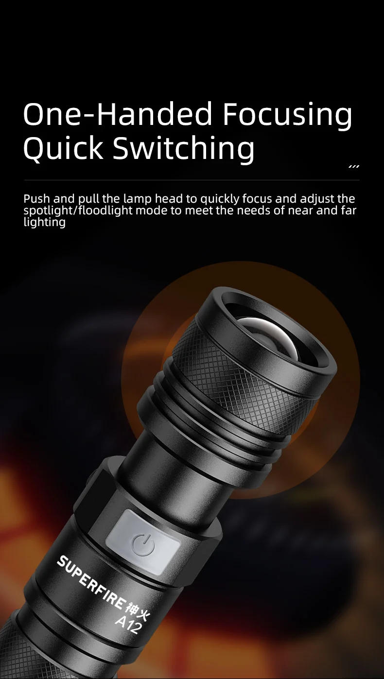 SUPERFIRE A12 Hochleistungs-LED-Taschenlampe, USB wiederaufladbar, zoombar, taktische Taschenlampe, 5 Modi, wasserdicht, für Outdoor-Angellaterne – Detail 6
