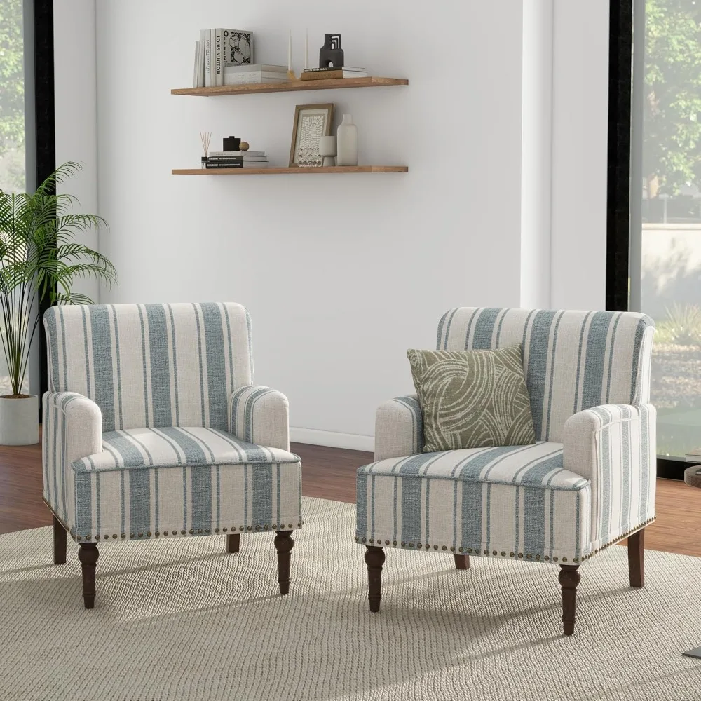 Stripe Accent Chairs Set of 2, Living Room Arm Chair Modern Nailhead Trim Club Armchair,for Home Office, Blue,Living Room Chairs