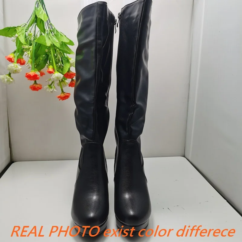 ASILETO Sexy Women Knee High Boots Round Toe Chunky Heels 9cm Platform 2cm Zipper Large Size 45 46 47 Female Daiting Booties