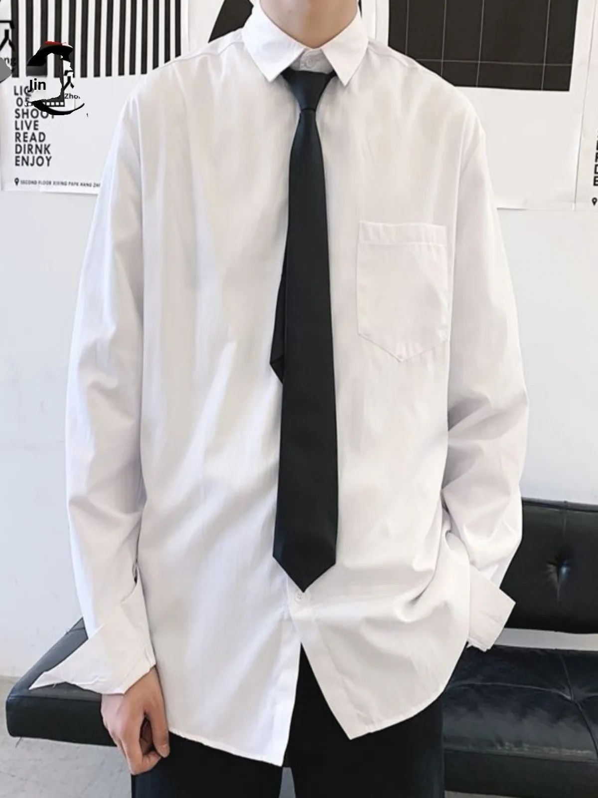 

White Long Sleeve Loose Men's Shirt Short Sleeve Workwear Graduation Outfit Trendy Class Uniform Summer Casual Fashion