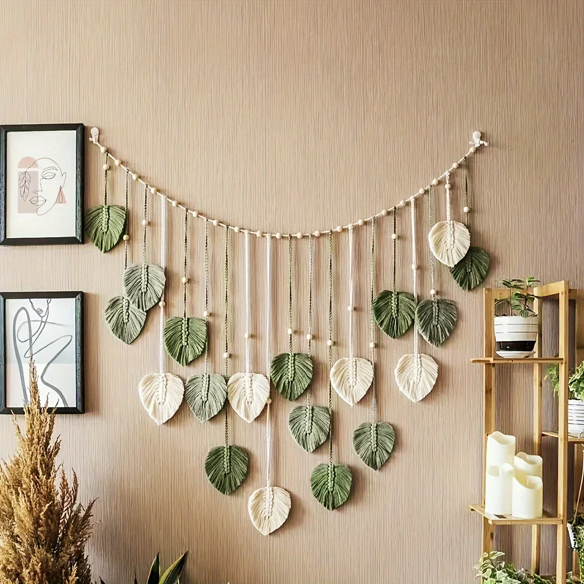 

Modern Woven Wall Decor, Beautiful Room Decor, Green Leaves Hanging on The Walls, Bohemian Style, Feather, Ramadan Easter Gift