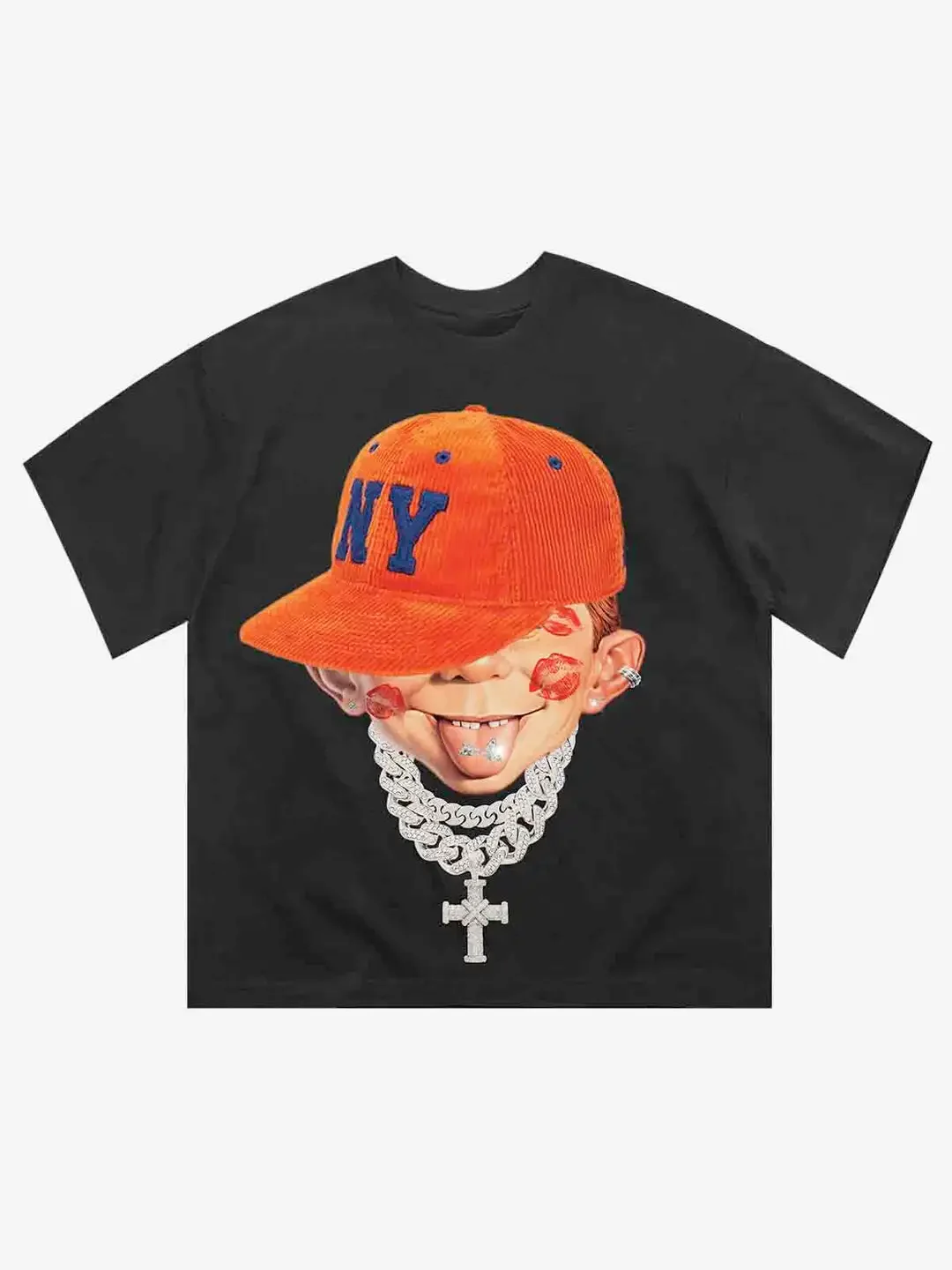 

2025 new personalized hip-hop funny facial pattern printed T-shirt pure cotton short-sleeved men casual street top