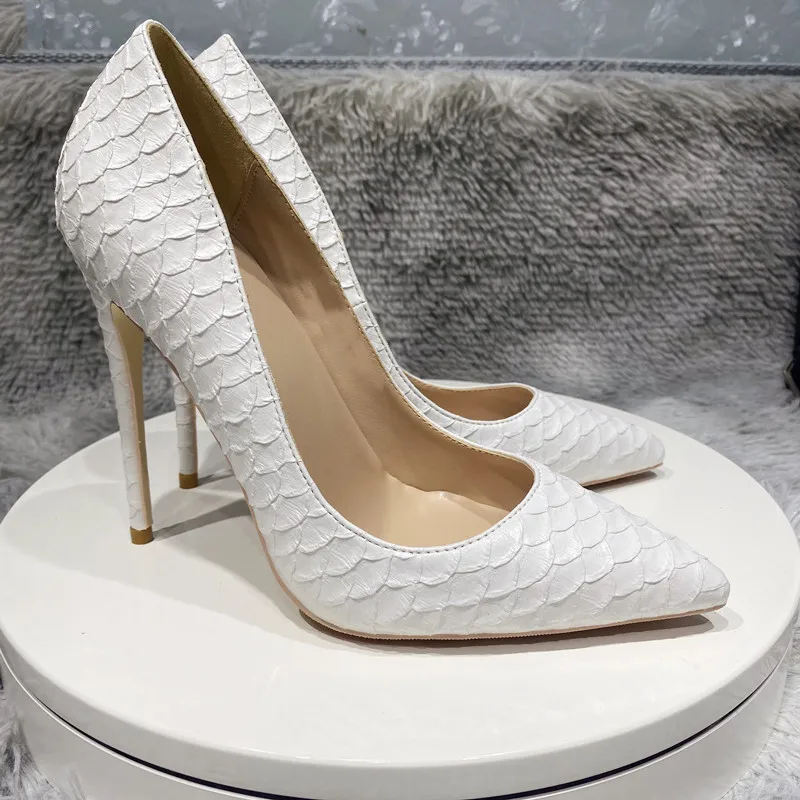 

White Crocodile-Effect Women Sexy Pattern Stiletto High Heels 12cm 10cm 8cm Customize Lady Pointy Pumps Chic Party Shoes