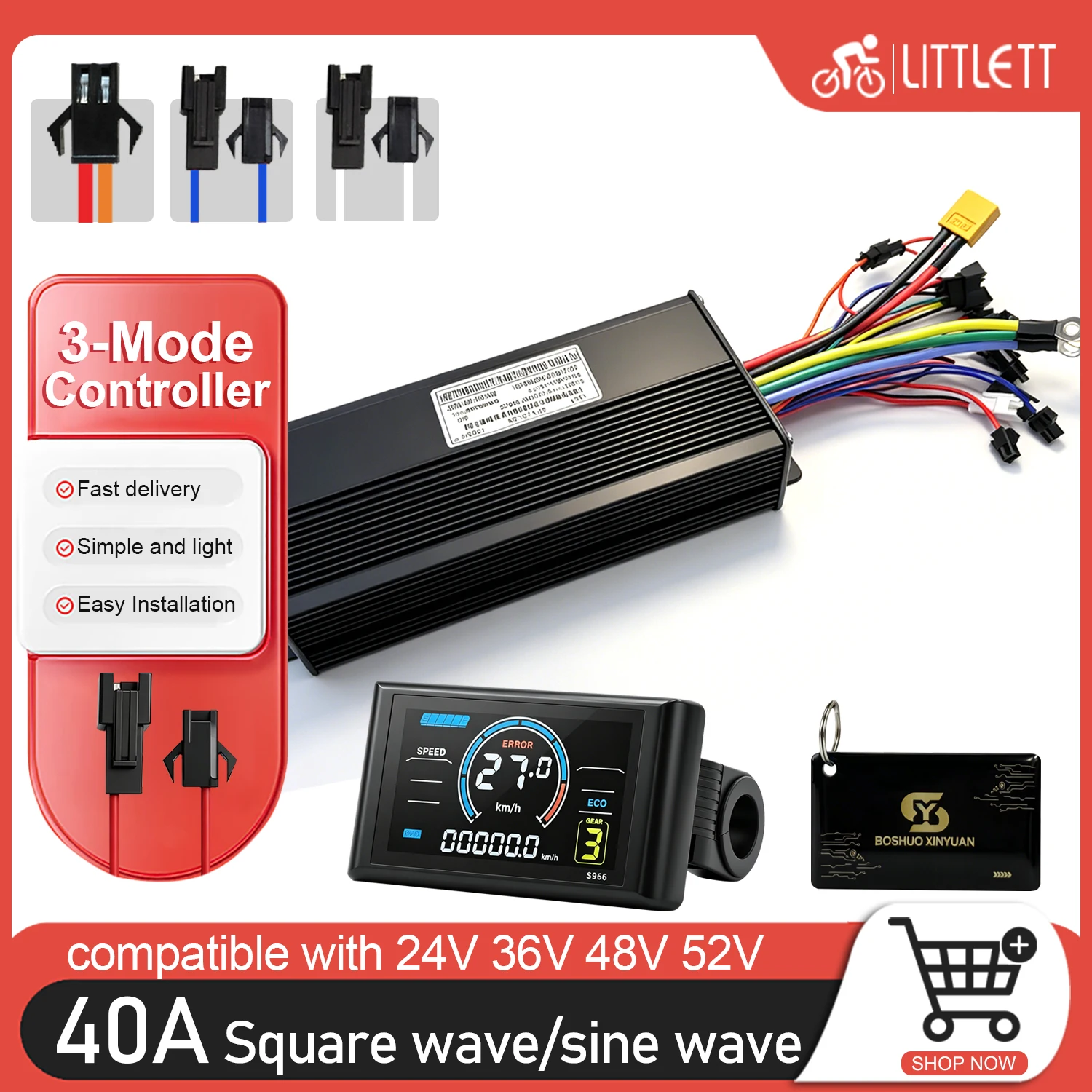 Ebike 3-Mode Sine Wave Brushless Motor Controller 36V48V52V1500W2000W 40A S966 LCD Display PAS Throttle Kit For Electric Scooter