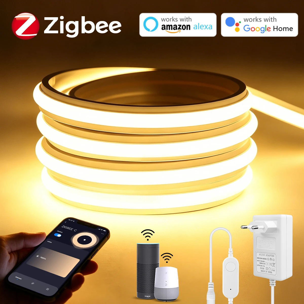 Zigbee Tuya 24V COB LED Strip Light Dimmable Neon Silicone Gel Tape Waterproof Under Cabinet Kitchen Closet Backlight Decoration