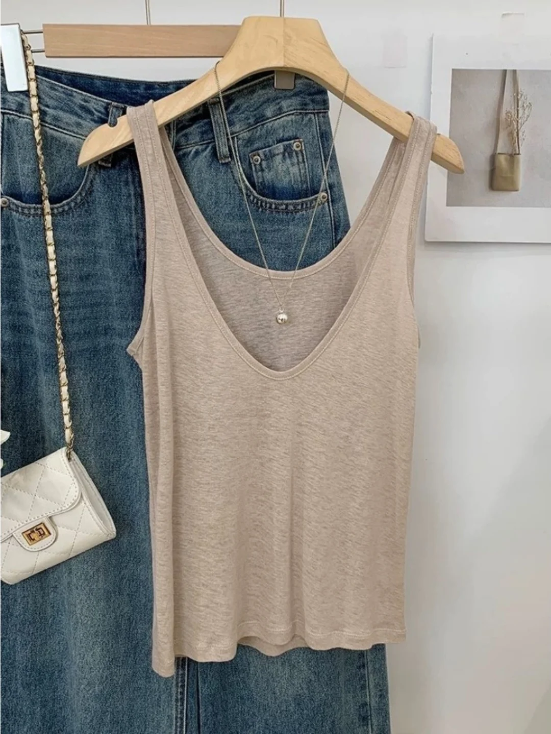 Loose V-Neck Sleeveless Vest Korean Style Pure Color Casual Backless Two-Way Wear Large Size Base Shirt for Women