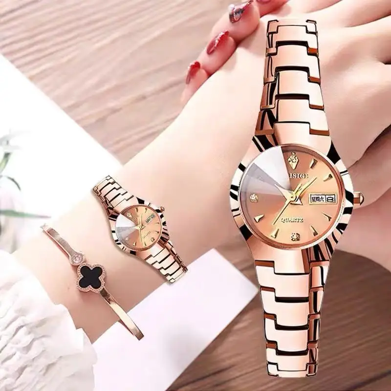 TAISIGEWholesale Korean Fashion Tungsten Steel Women's watch Luminous Double Calendar Rose Gold Sports Casual Women's