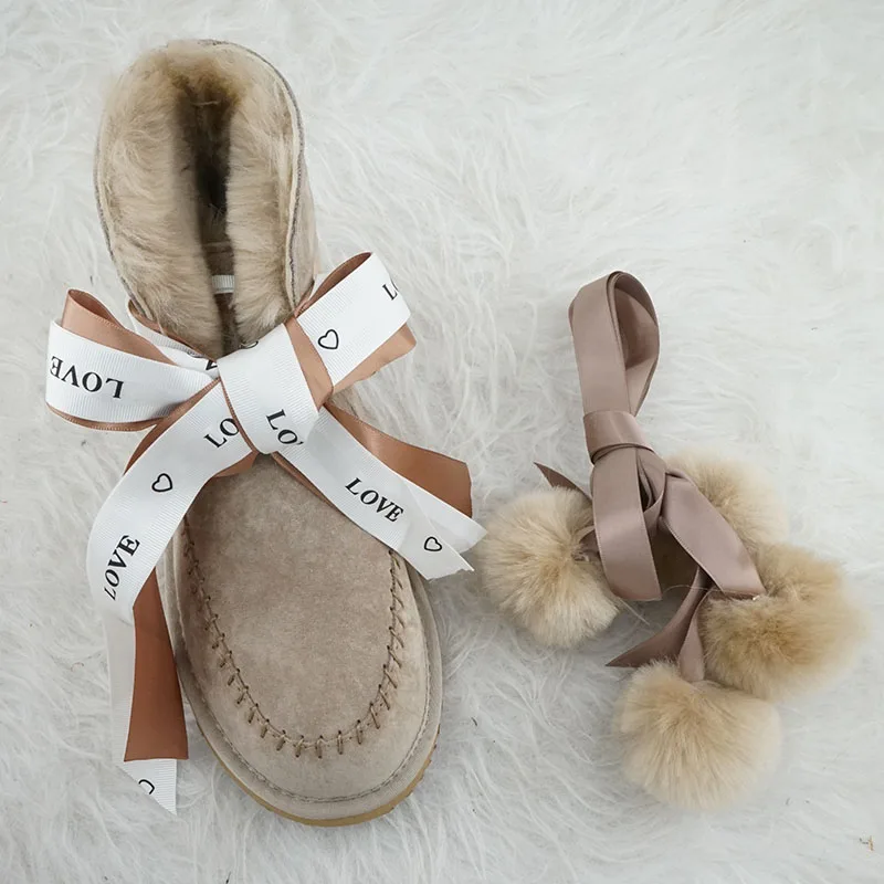 Genuine Leather Wool Top Quality 2024 Women  Wool Boots Two Shoelaces Snow Boots Shoes Fur Boots Flat Warm Winter Shoes
