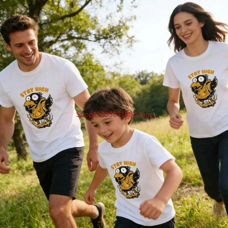 

Summer New Trendy T-shirt Pure Cotton Round Neck Bird Printed Children's Short Sleeve Breathable Parent Child Top