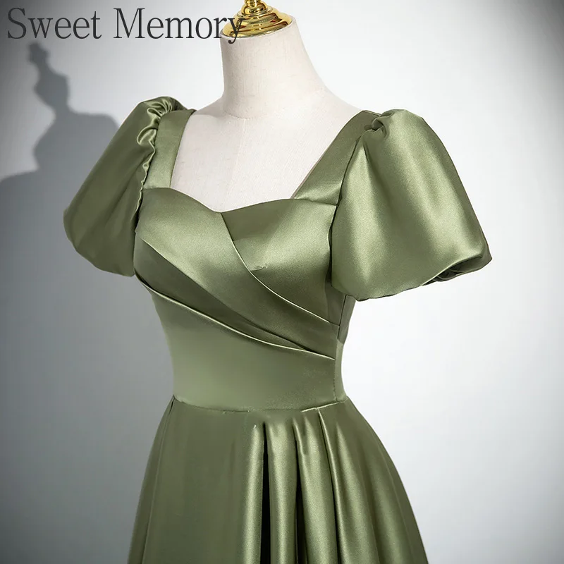 Robe de Soirée en Satin à Col Carré Vert Personnalisé, Tenue Élégante de Bal de Promo d'Anniversaire, sur Mesure, D4119