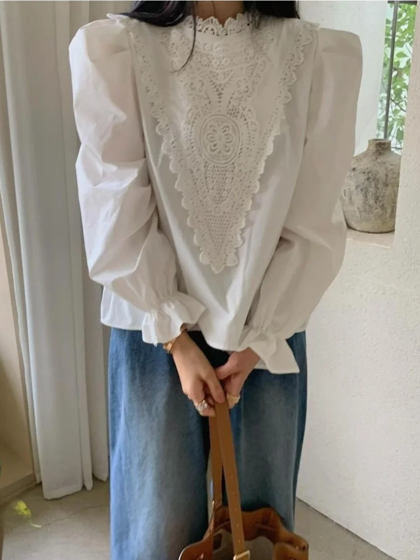 Long Sve Lace Splice Bubble Sve irt Women's Overhead Sle Dongda Gate 24 Autumn Slimming Top Commute Sle Pure Color