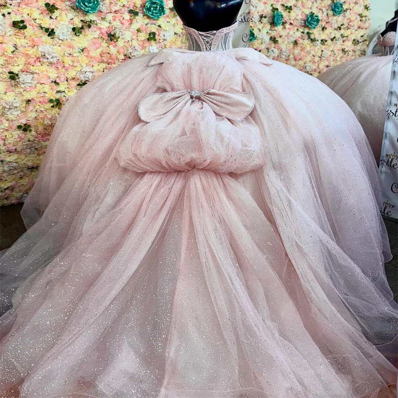 Rosa Quinceanera-Kleider, Ballkleid, schulterfrei, Schleife, Perlenstickerei, Kristall, Tüll, Korsett, Geburtstagsfeier, süßes 16-Kleid, Vestidos 15 De Ano