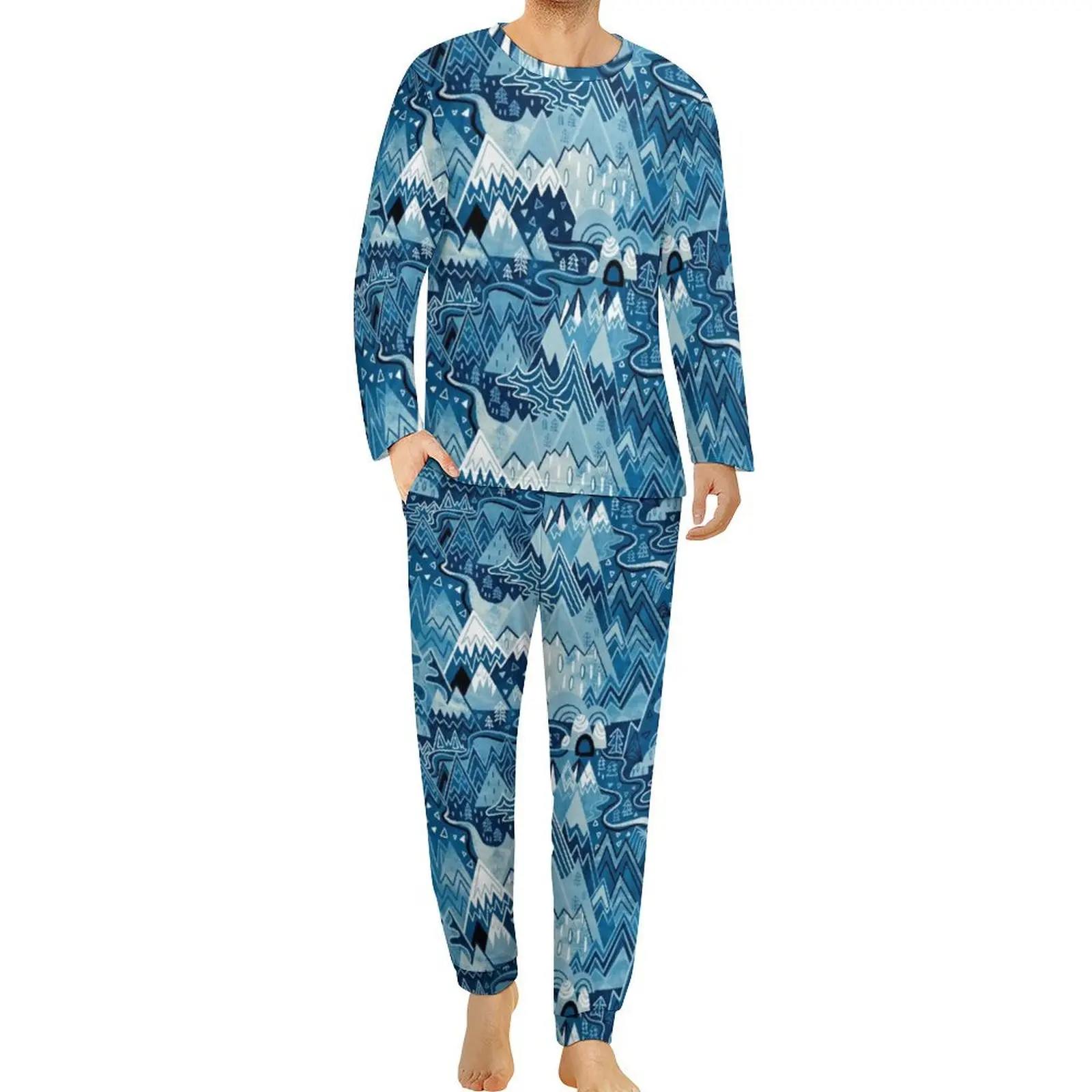 Mountains Art Pajamas Autumn Maximalist Mountain Maze Winter Blue Room Home Suit Men Two Piece Long Sleeve Retro Pajama Sets