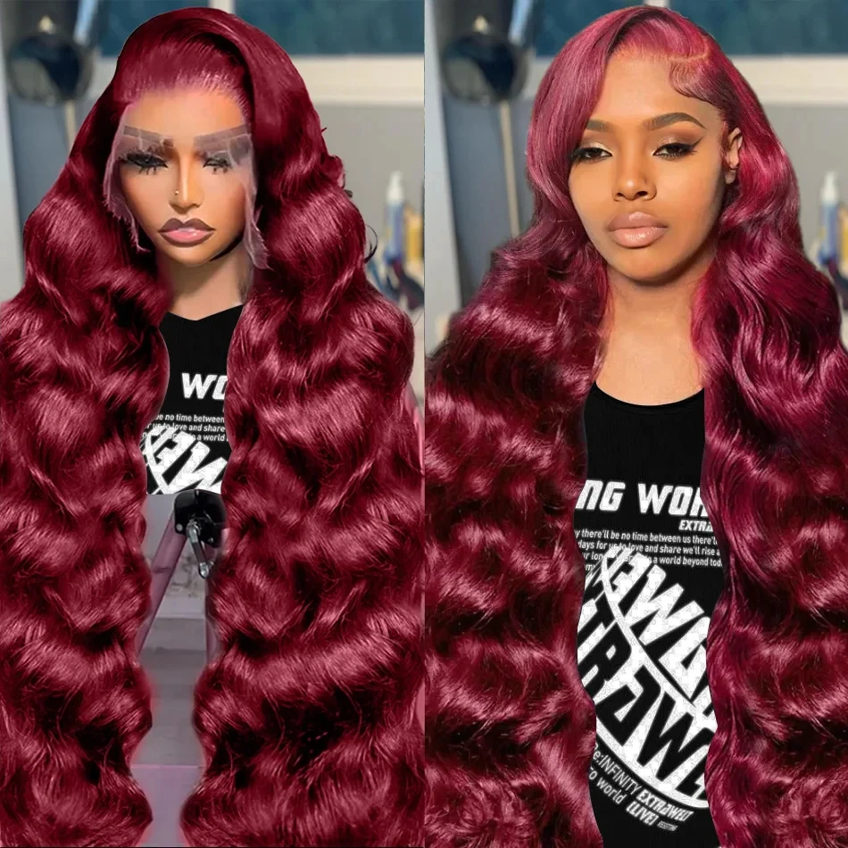 200Density 13x6 Transparent Body Wave 99J Burgundy Lace Front Human Hair Wig 30  Inch Color Lace Front Wig PrePlucked For Women