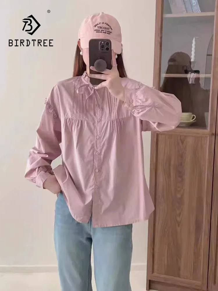

New 2026 Autumn Women Cotton Long Sleeve Shirt, Ruffled Folds Patchwork, Mori Girl French Preppy Style Loose Blouse T67524CC