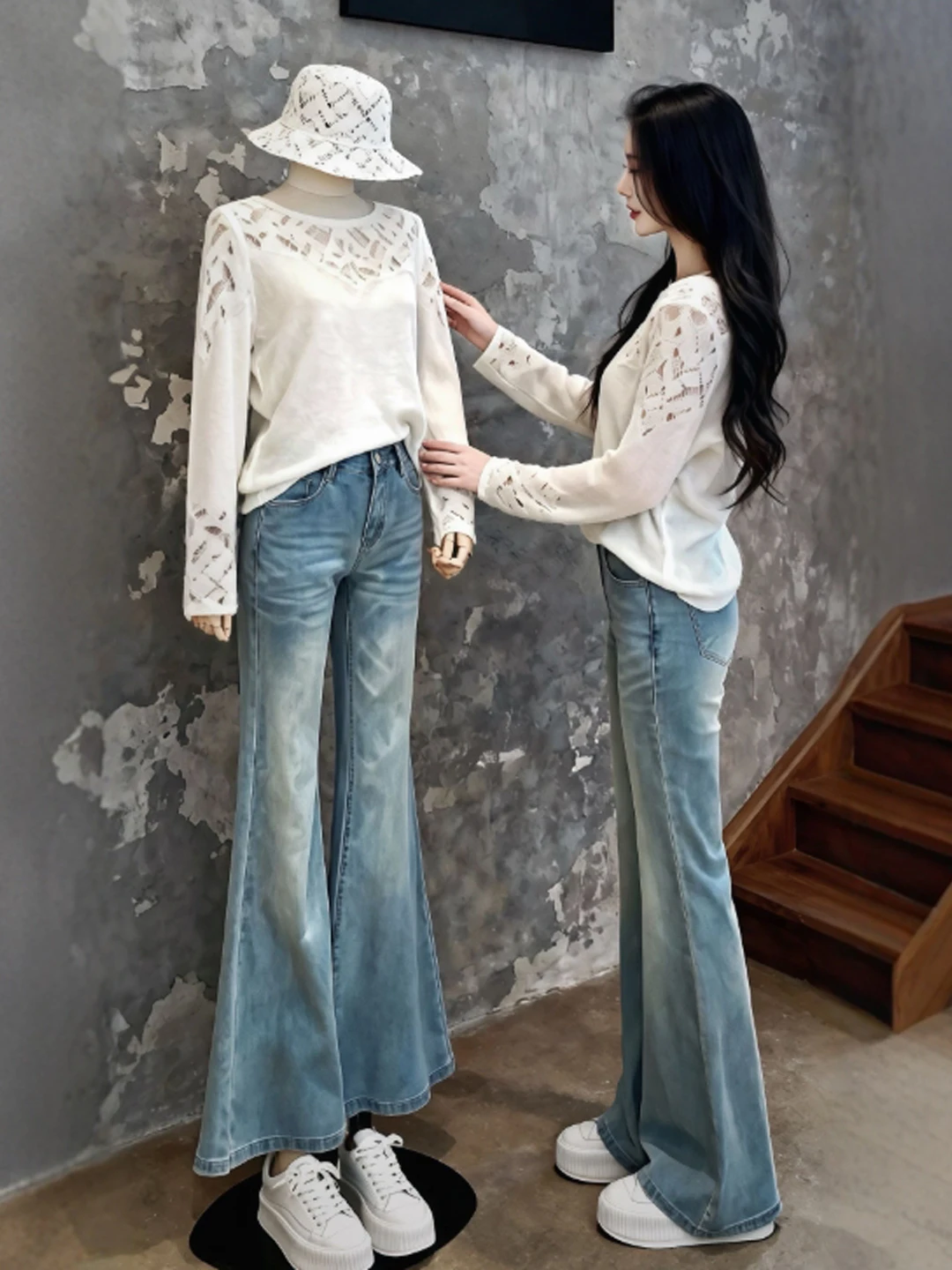 

Chic White round Ne Sweater Women's Sle Soft Wind Unique Faionable Winter Top Ele Sle Knitted Long Sve Crew Ne