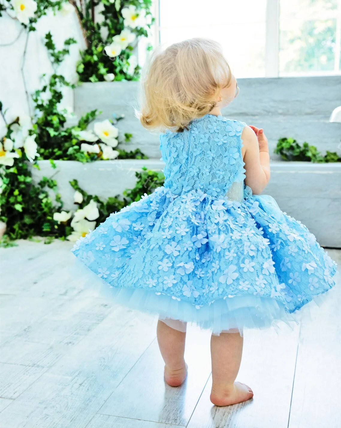 Cute Champagne Flower Girl Dresses For Wedding Kids Floral Lace Bow Party Girls Pageant Dresses Appliqued Birthday Photoshoot