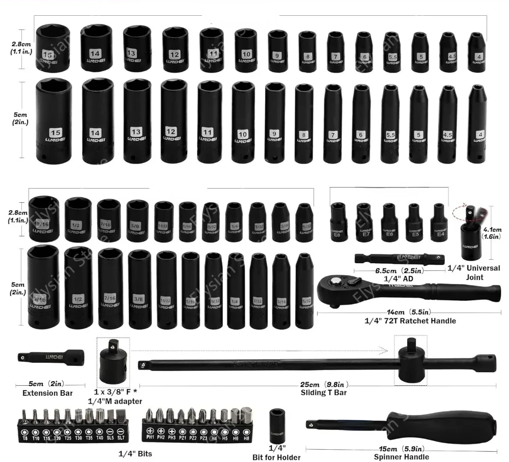 1/4 inch Drive Impact Socket Set 83 Piece,Standard SAE(5/32-9/16 inch) Metric Size(4-15mm),72T Ratchet Wrench