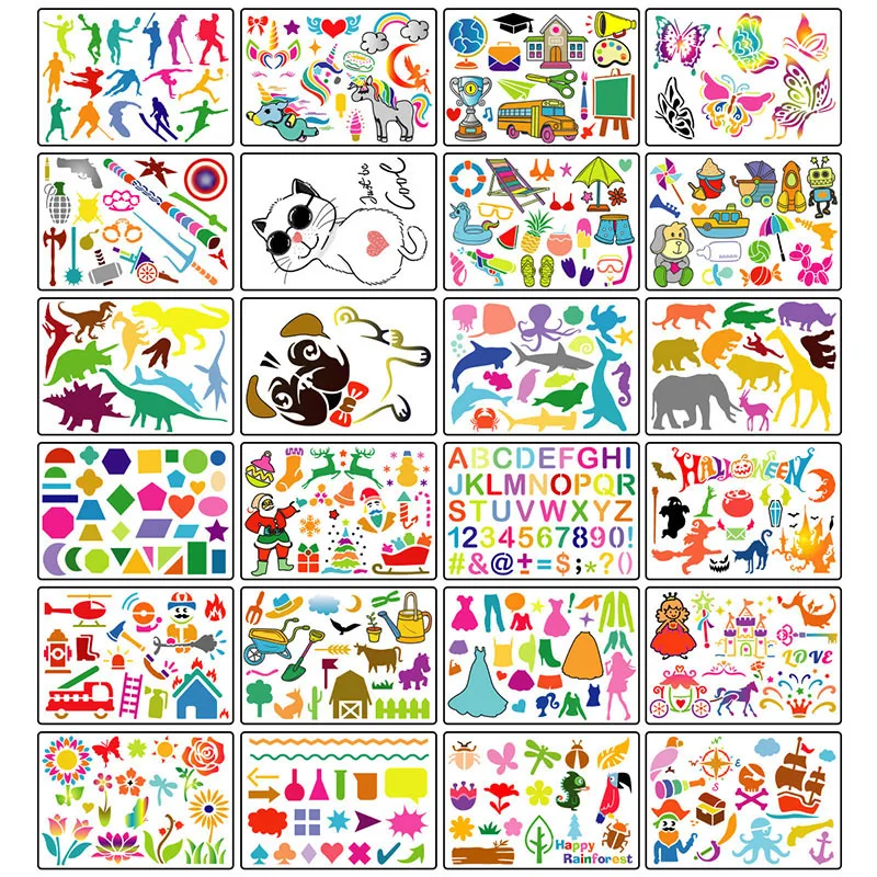 6-24pcs Children DIY Drawing Stencils Draw Toys Cartoon Christmas Halloween Digital Geometry Painting Assist Template Rulers