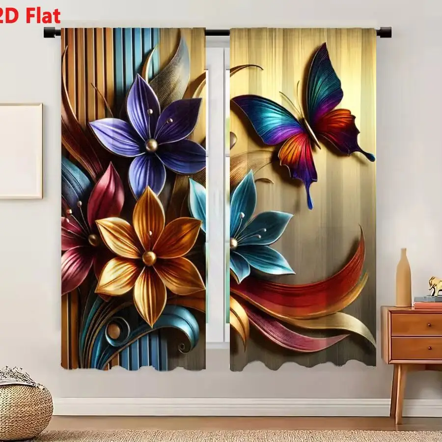 2Pcs Curtains 2D Flat Artistic Illustration Cluster Of Stylized Flowers Butterfly Golden Brown Background Vertical Blue Brown St