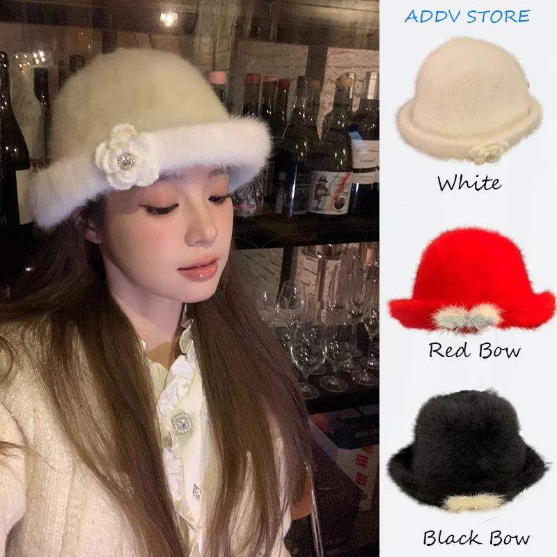 Korea Blogger Rabbit Fur Flower Fisherman Hats for Women Autumn Winter Curling Brim Hat Big Head Circumference Panama Casquette